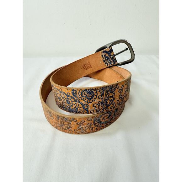Brown Leather Belt With Blue & Silver Floral Print - Picture 2 of 8